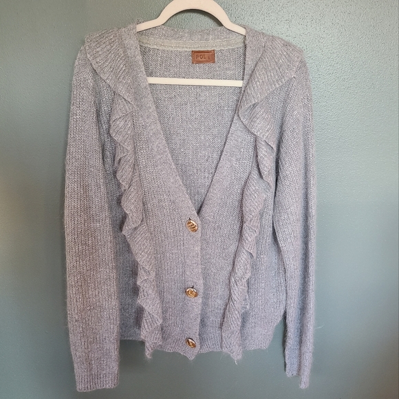 POL Ruffle Cardigan in Gray, Size Large - Picture 1 of 7